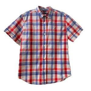 Nautica Red and Blue Checkered Shirt Button Up Front Short Sleeves Size 10/12